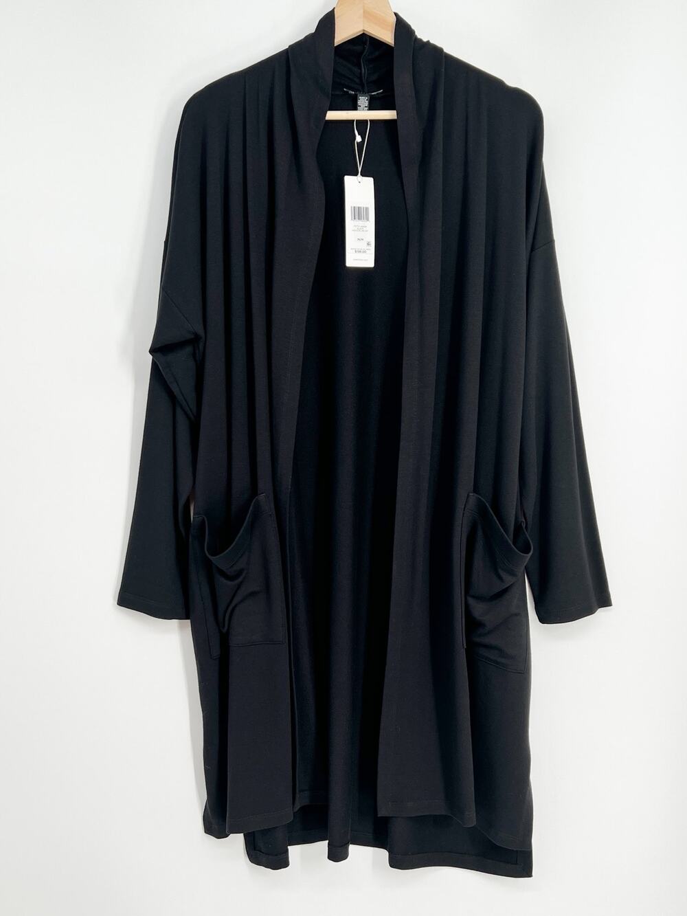 Eileen Fisher High Collar Long Jacket NEW Womens Medium Black Tencel READ FLAW